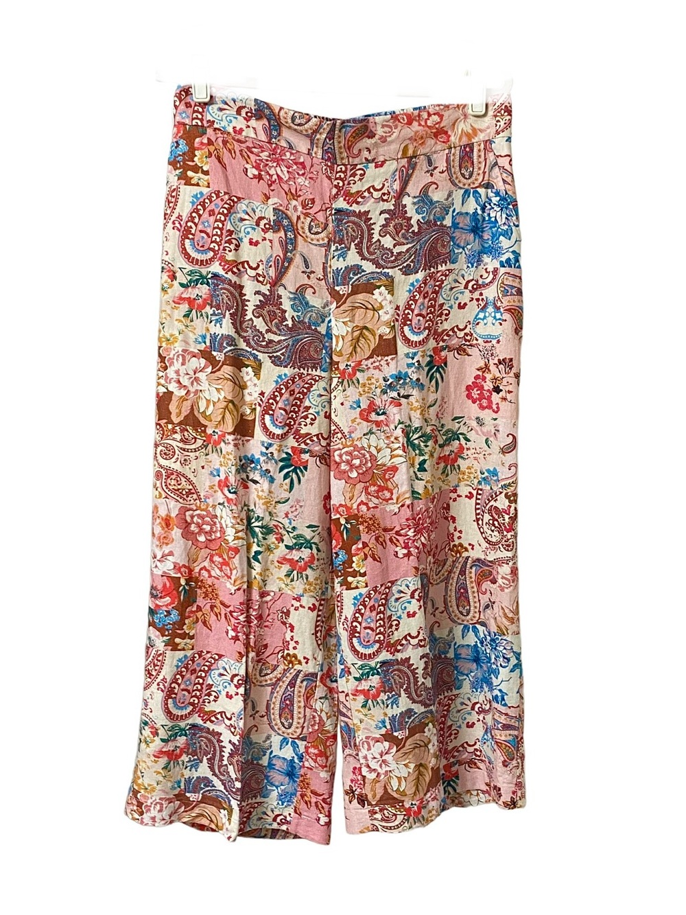 Sigrid Olsen summer floral paisley linen wide leg cropped pull on pants size 12
